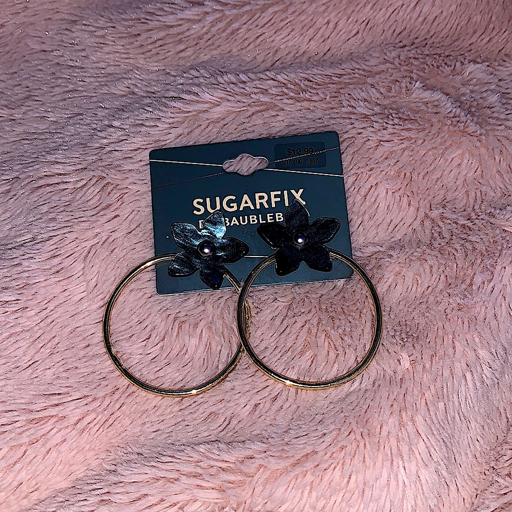 Gold Hoops with Grey Flowers